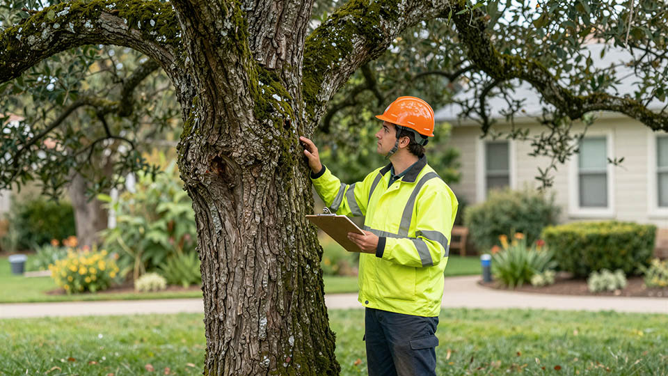 Certified arborist in a safety helmet and high-visibility jacket inspecting a tree while holding a clipboard