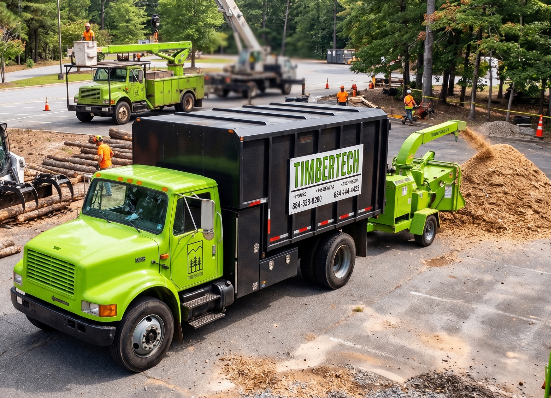 TimberTech crew and fleet at a commercial tree service job site