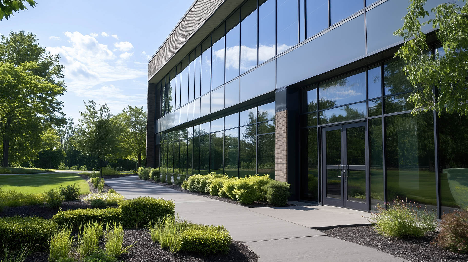 Modern commercial office building with professional landscaping and mature trees