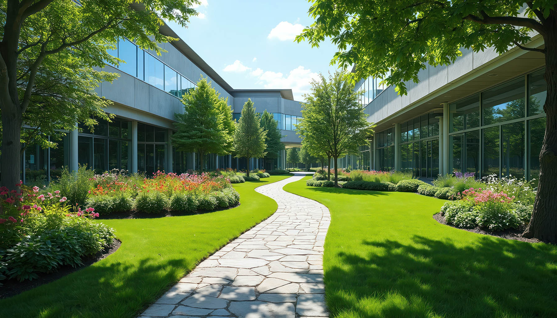 Modern commercial office campus with landscaped walkways, mature trees, and flowering gardens under a bright sky