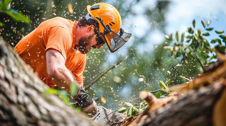 Professional arborist cutting a tree with a chainsaw